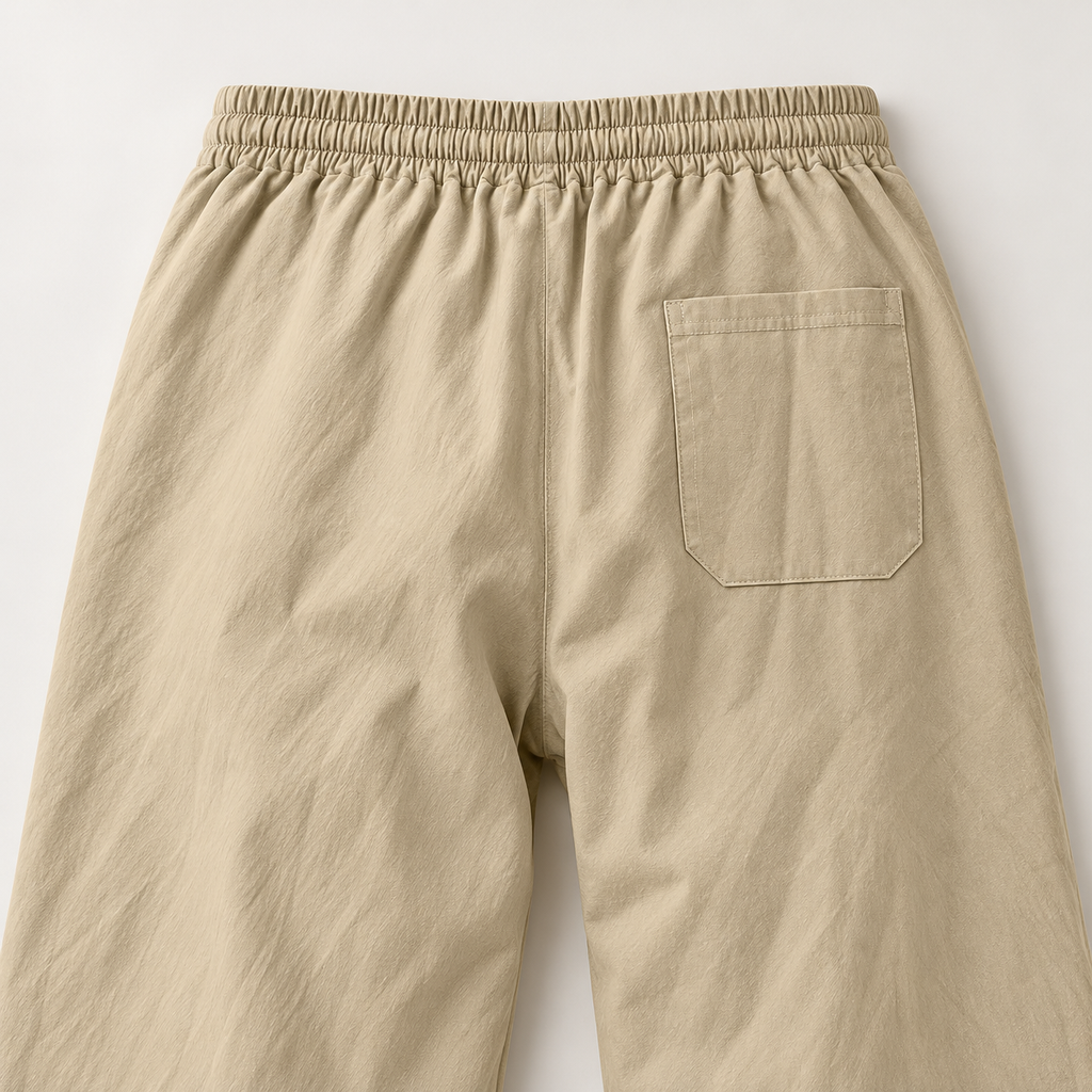 Khaki pants with one rear-right patch pocket