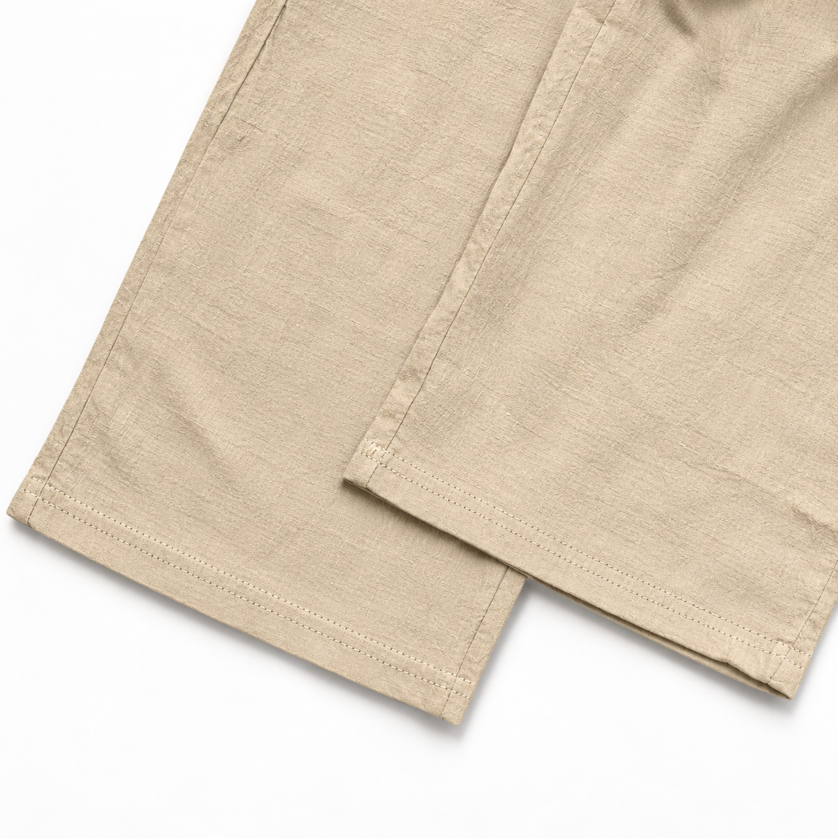 Khaki straight open hems and linen weave detail