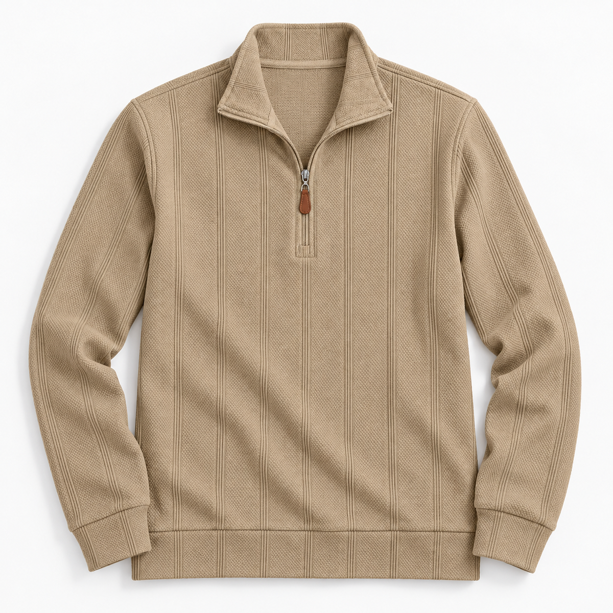Khaki textured half-zip pullover with self-fabric cuffs, front flat lay