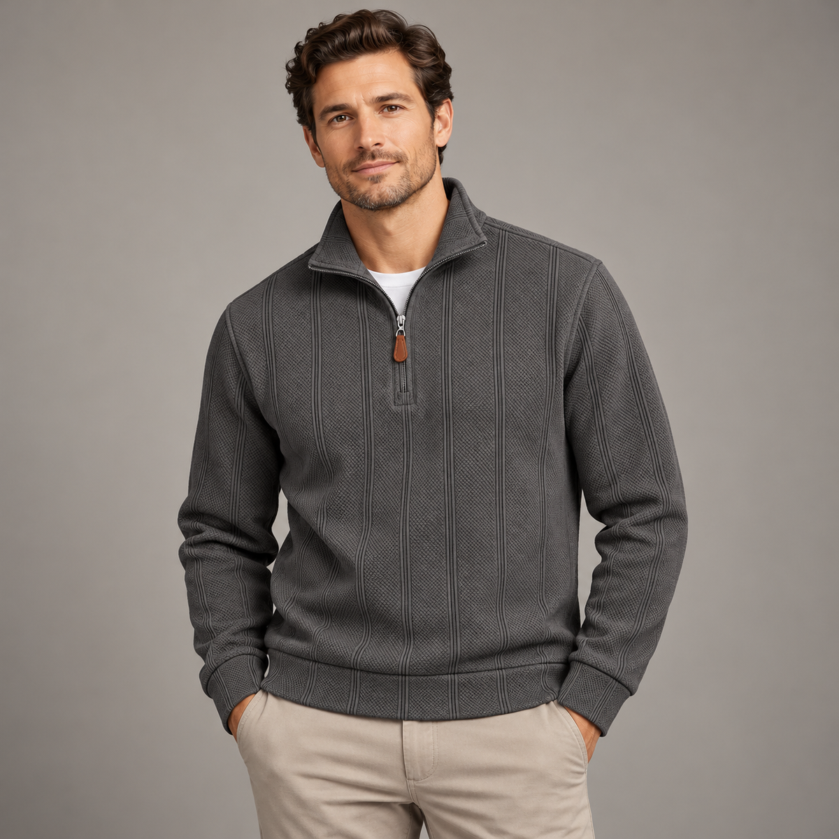 Dark gray textured half-zip pullover with patterned cuffs and hem, studio styling