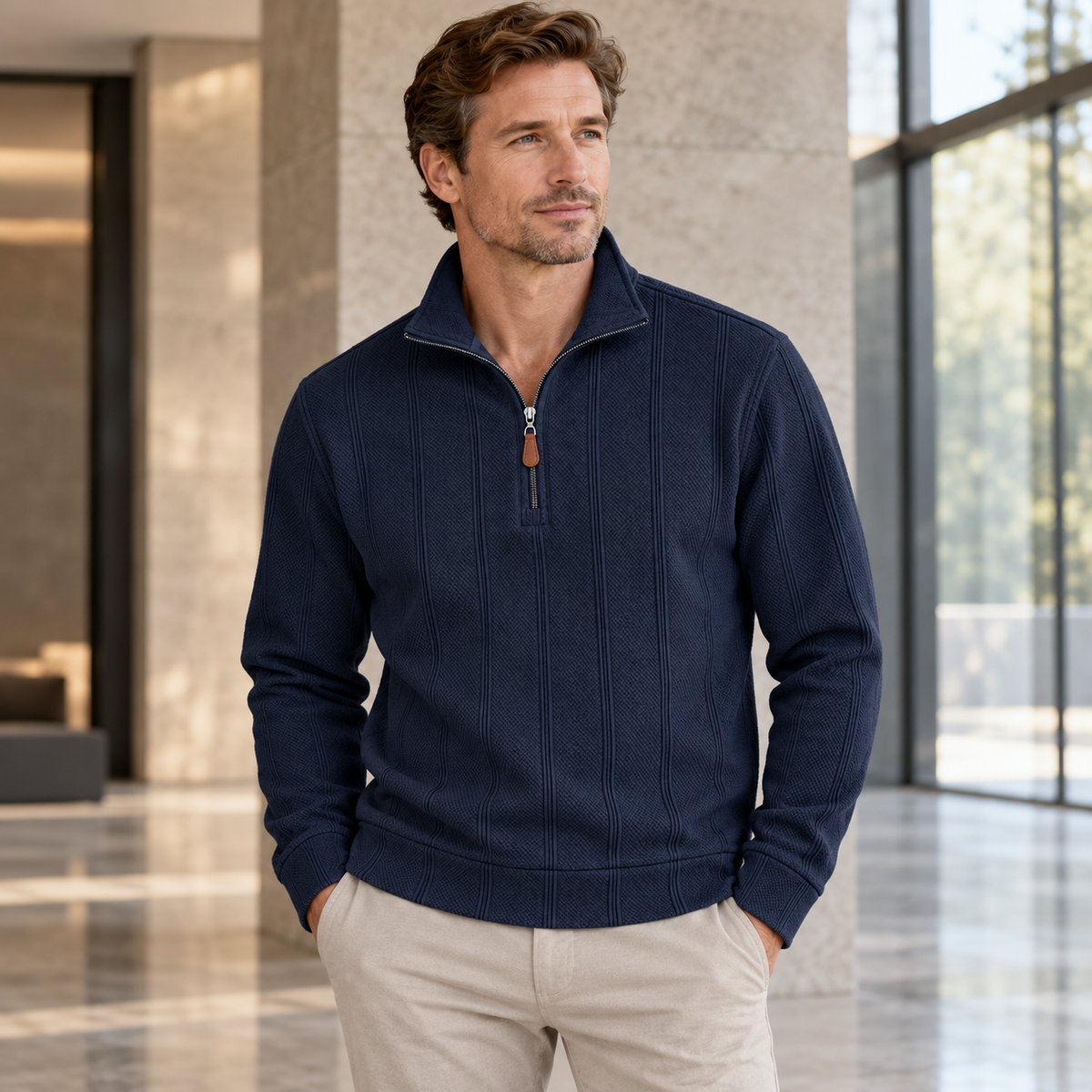 Navy blue textured half-zip pullover in a modern architectural interior