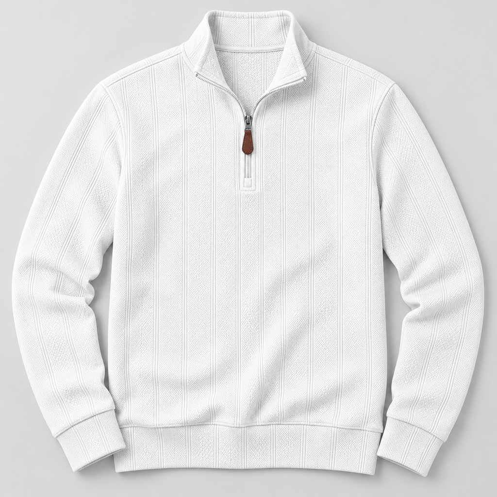 White textured half-zip pullover, front flat lay