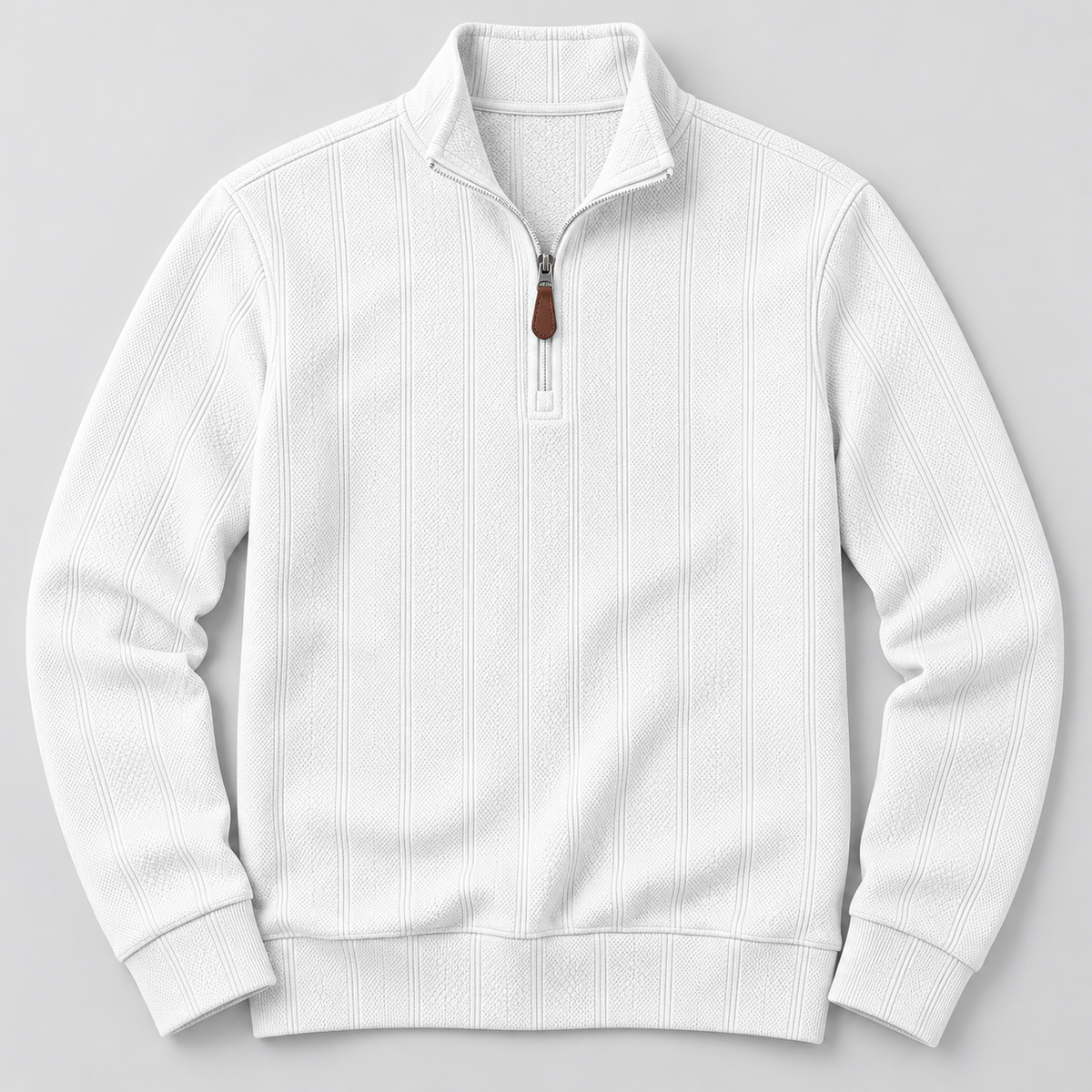 White textured half-zip pullover, front flat lay