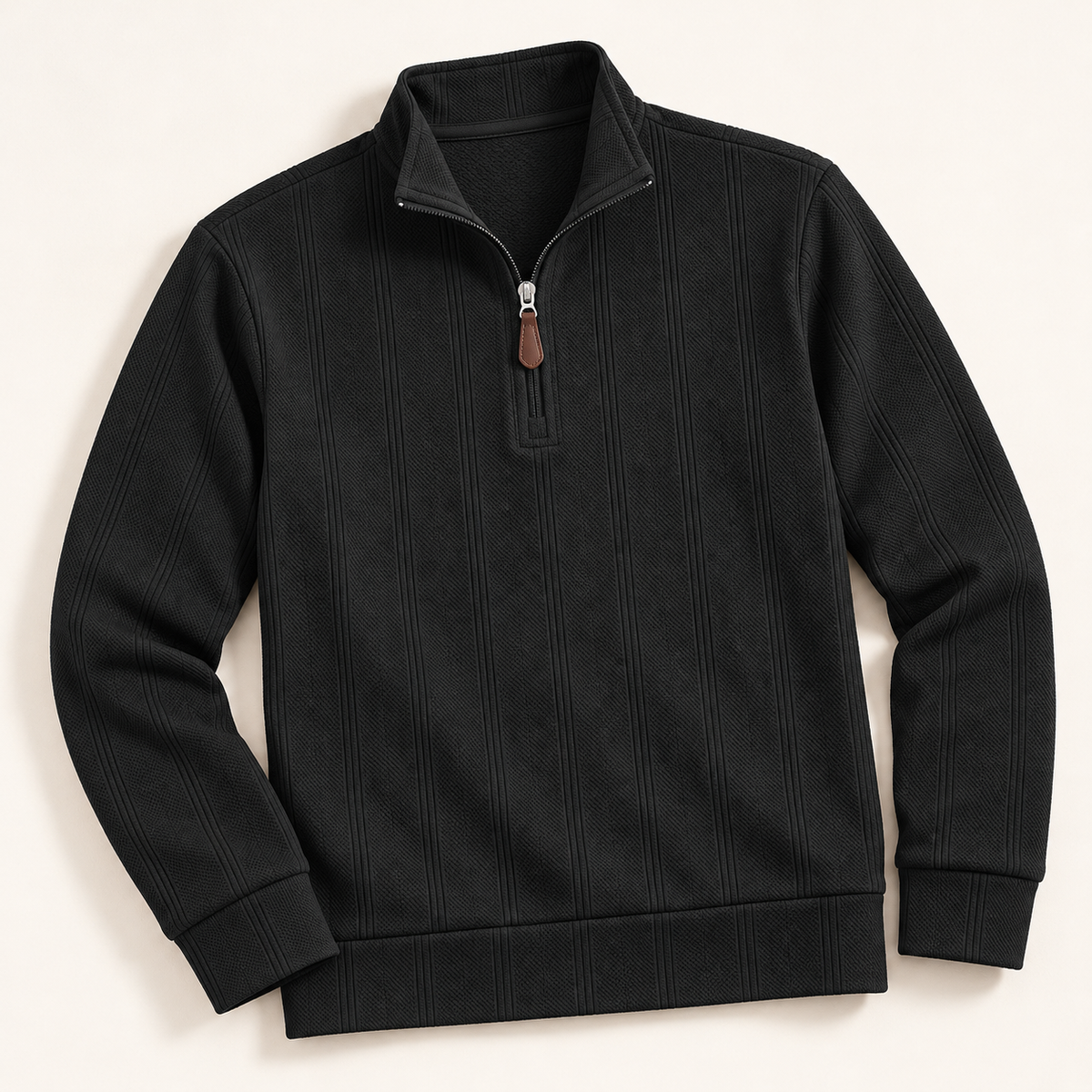 Black textured half-zip pullover, front flat lay