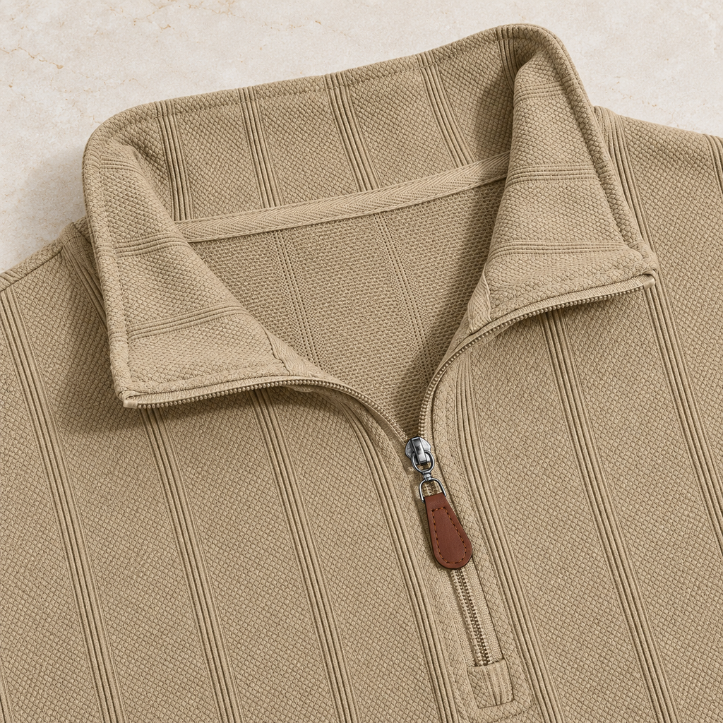 Khaki stand collar and half-zip with brown pull tab detail