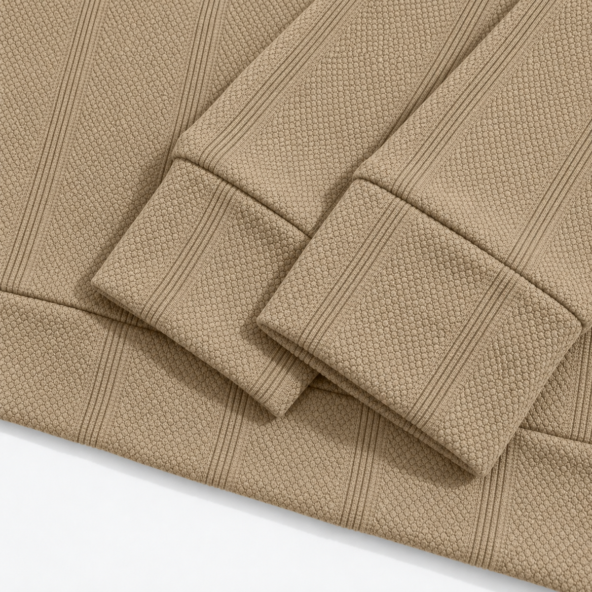 Khaki pullover self-fabric cuff and hem construction