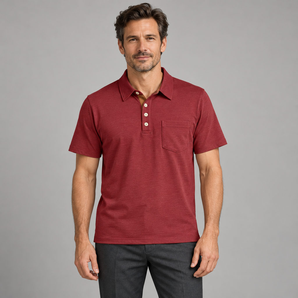AZUKI burgundy cotton-blend pocket polo - studio front