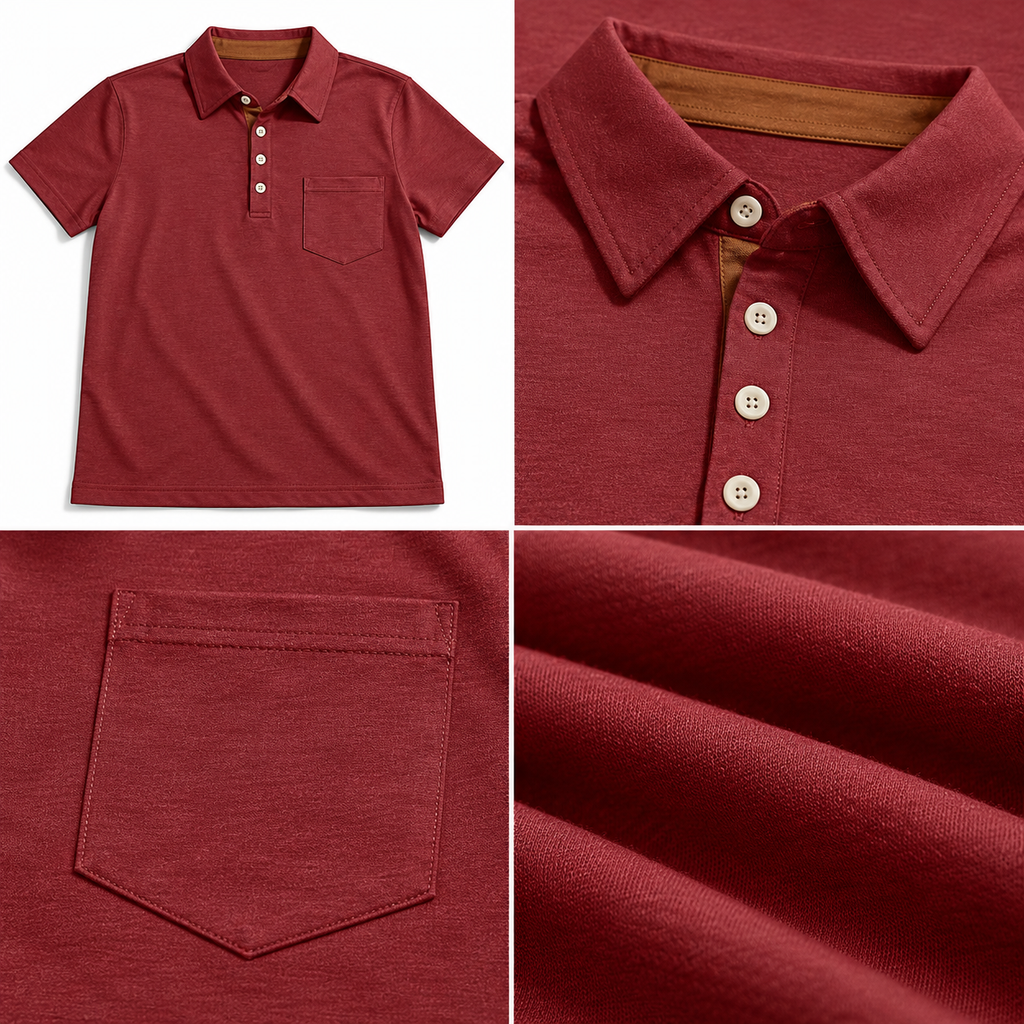 AZUKI burgundy cotton-blend pocket polo - construction and fabric overview