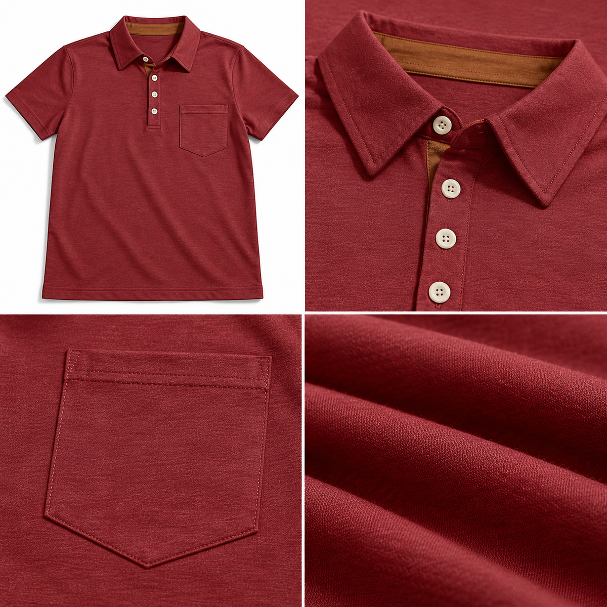 AZUKI burgundy cotton-blend pocket polo - construction and fabric overview
