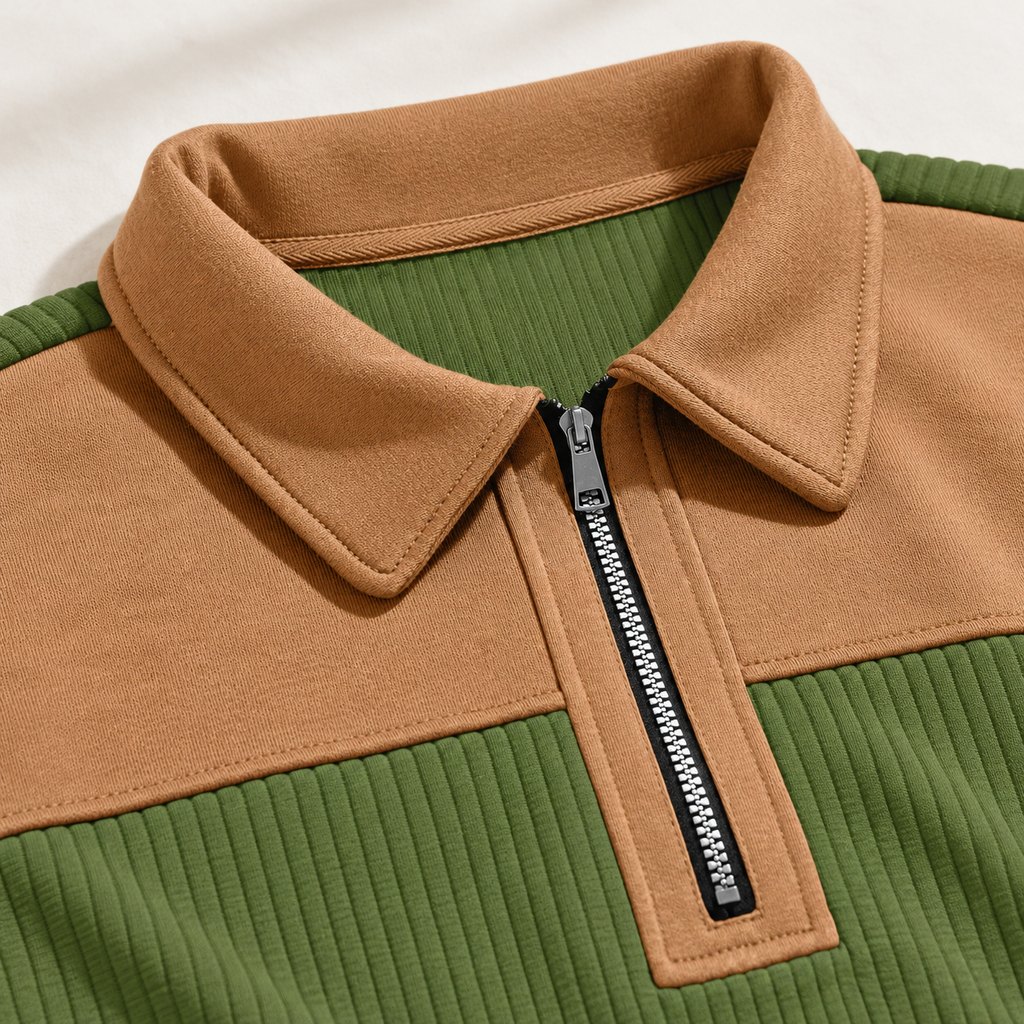 AZUKI FX-YC73 olive green pullover, tan knit collar and short zipper detail