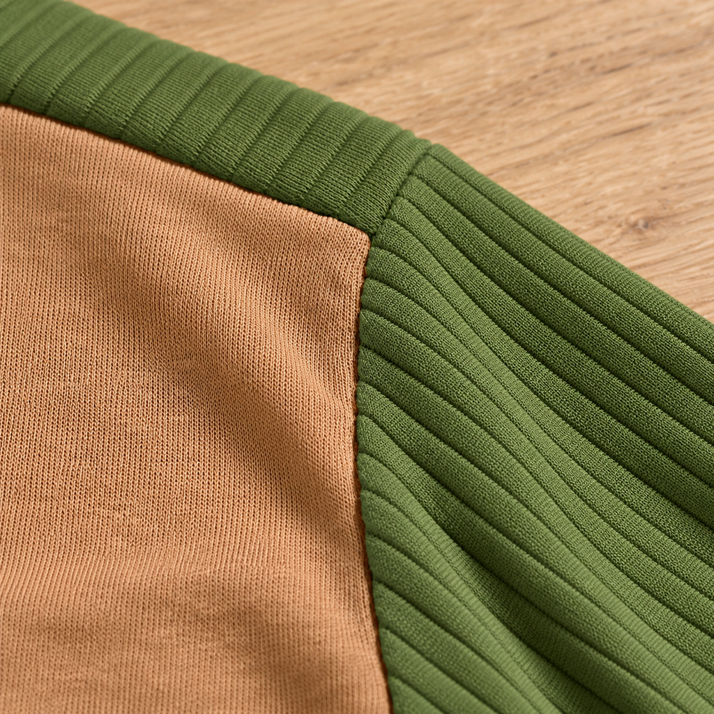 AZUKI FX-YC73 olive green fine knit and tan chest panel seam detail