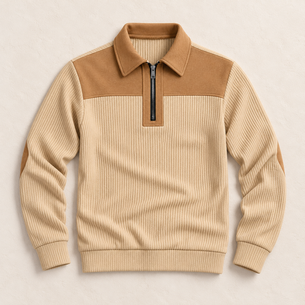AZUKI FX-YC73 beige and tan quarter-zip knit pullover, full front flat lay