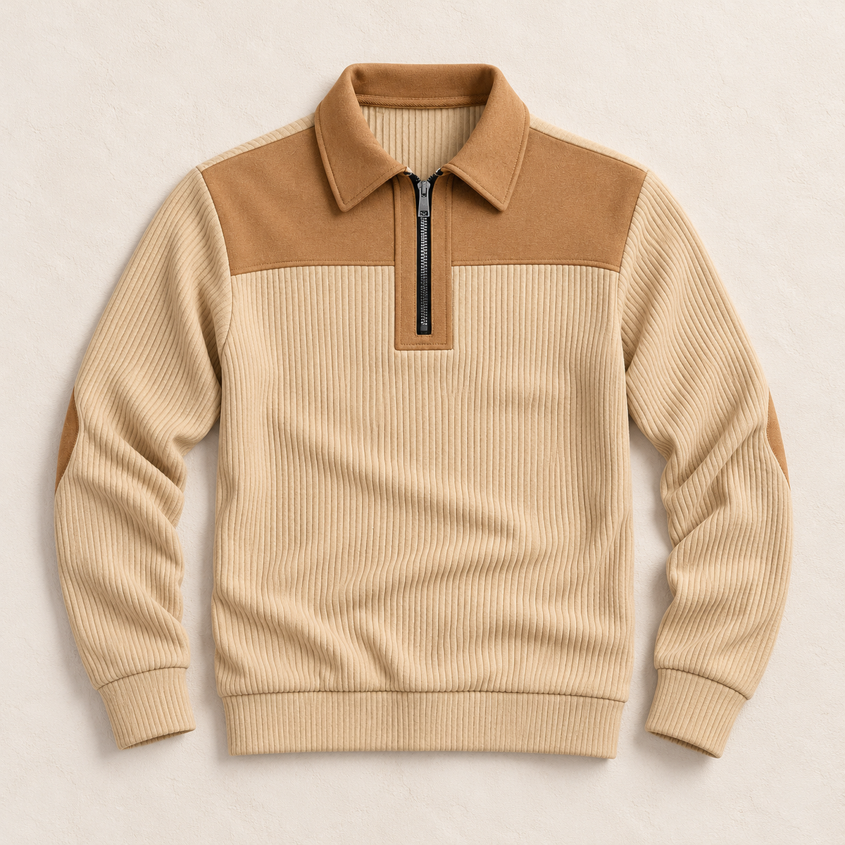 AZUKI FX-YC73 beige and tan quarter-zip knit pullover, full front flat lay