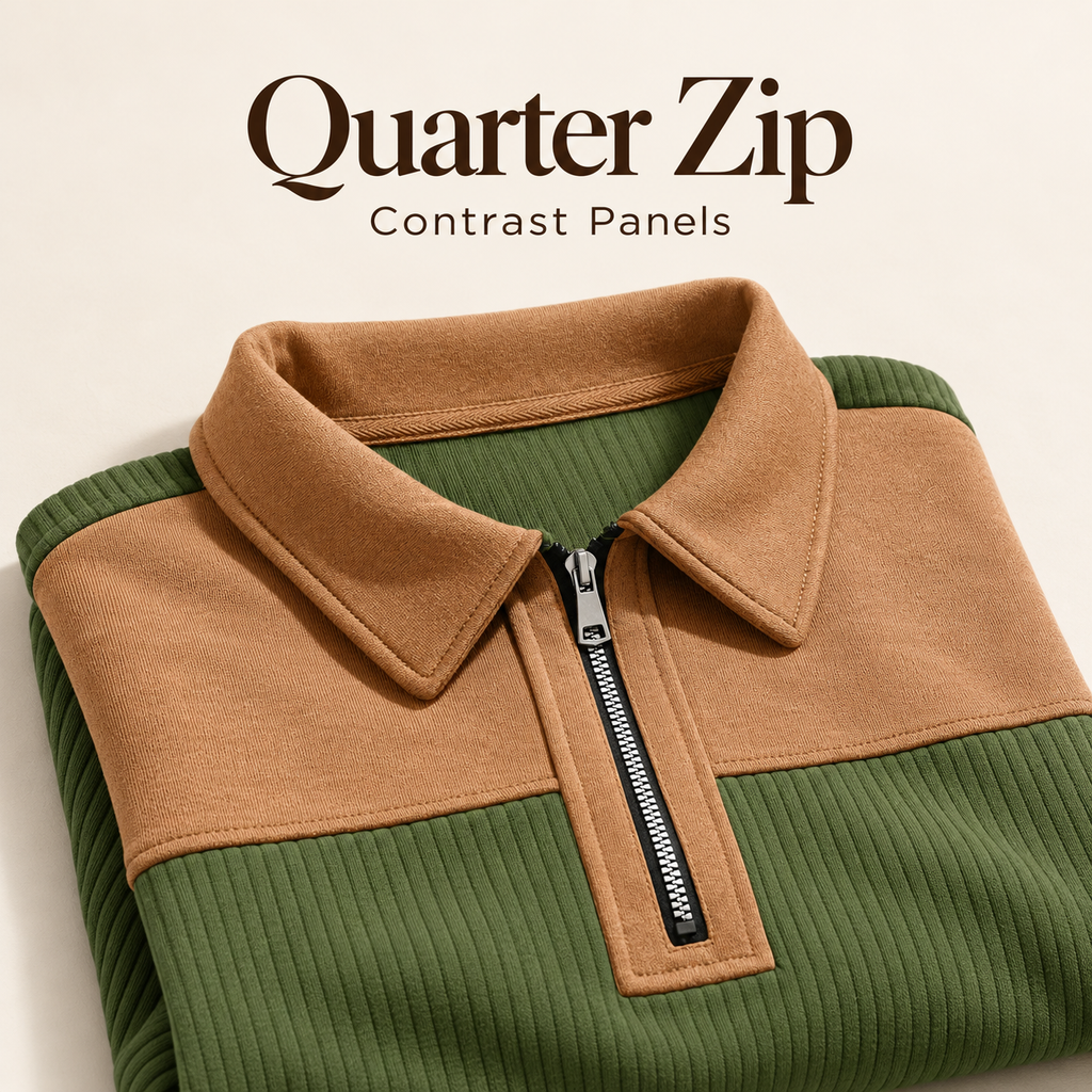 AZUKI FX-YC73 olive green quarter-zip pullover detail with Quarter Zip and Contrast Panels text
