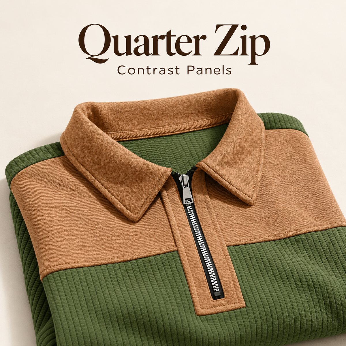 AZUKI FX-YC73 olive green quarter-zip pullover detail with Quarter Zip and Contrast Panels text