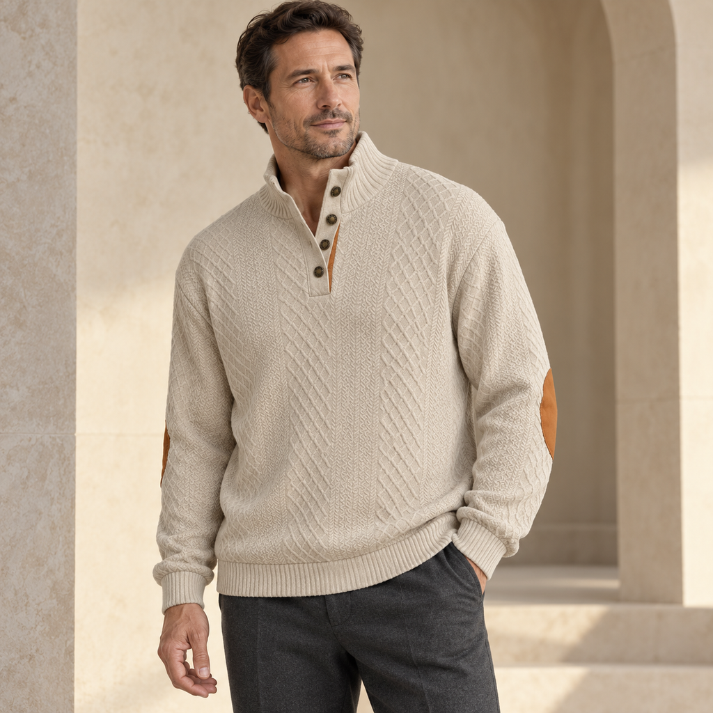AZUKI Khaki four-button jacquard pullover with contrast elbow patches