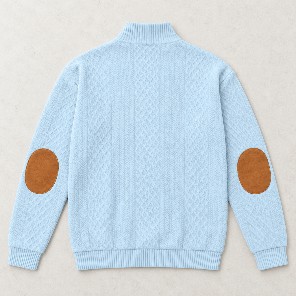 AZUKI Sky Blue jacquard pullover back view with two contrast elbow patches