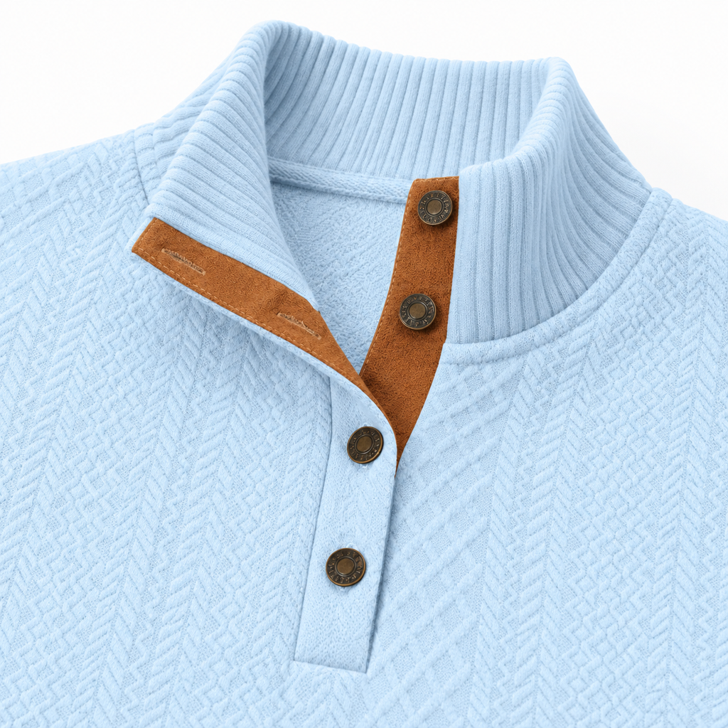 AZUKI Sky Blue stand collar and four-button placket detail