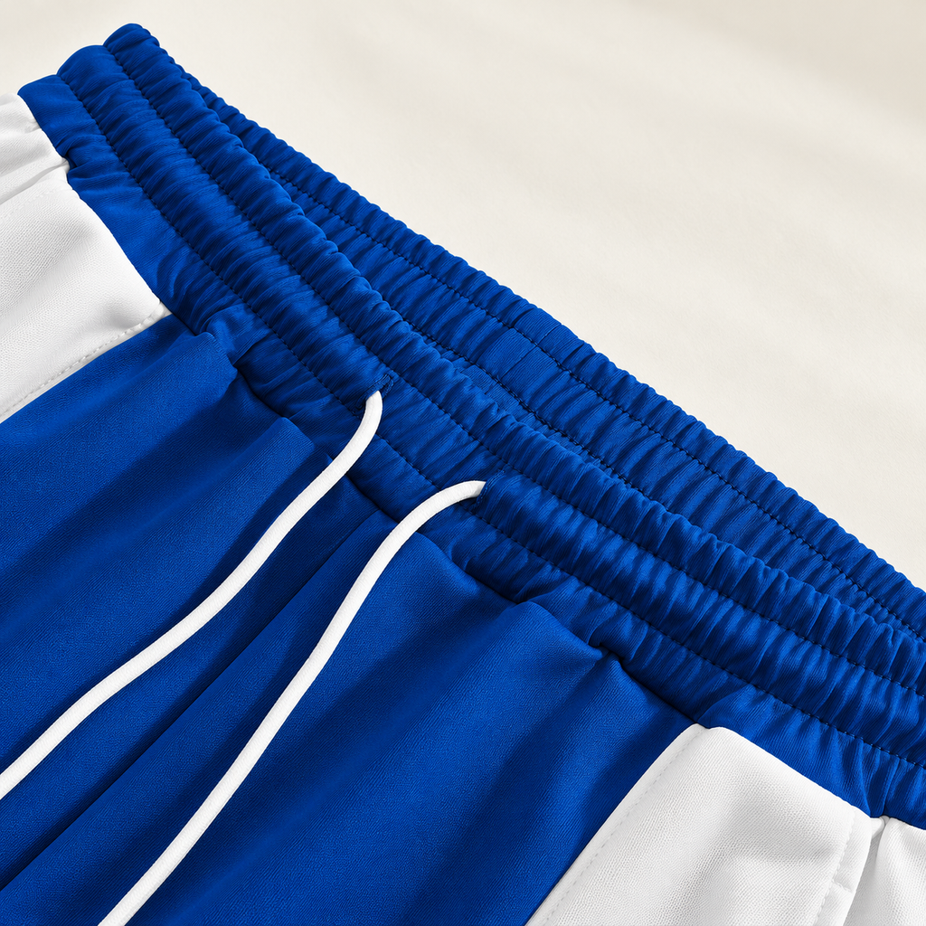 Blue elastic waistband with thin white drawstrings and stitched openings, detail recreation