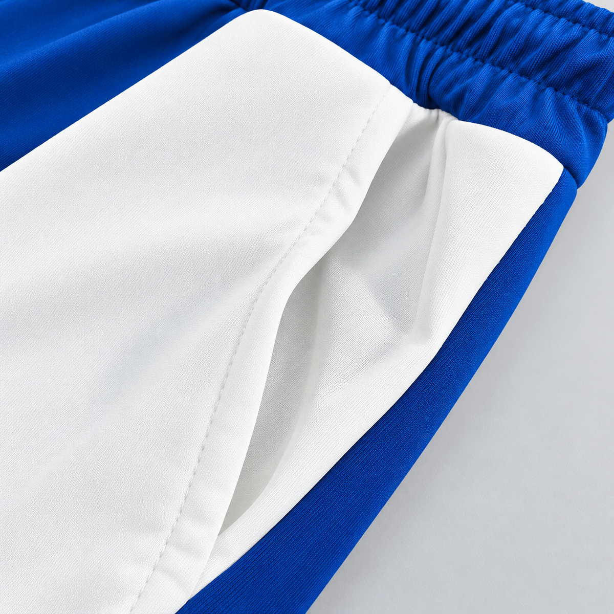 Side-entry pocket in the white contrast panel of blue and white pants, detail recreation