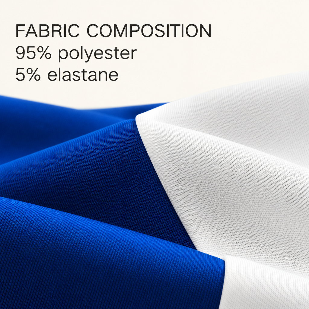 Blue and white knit fabric with verified composition: 95% polyester and 5% elastane