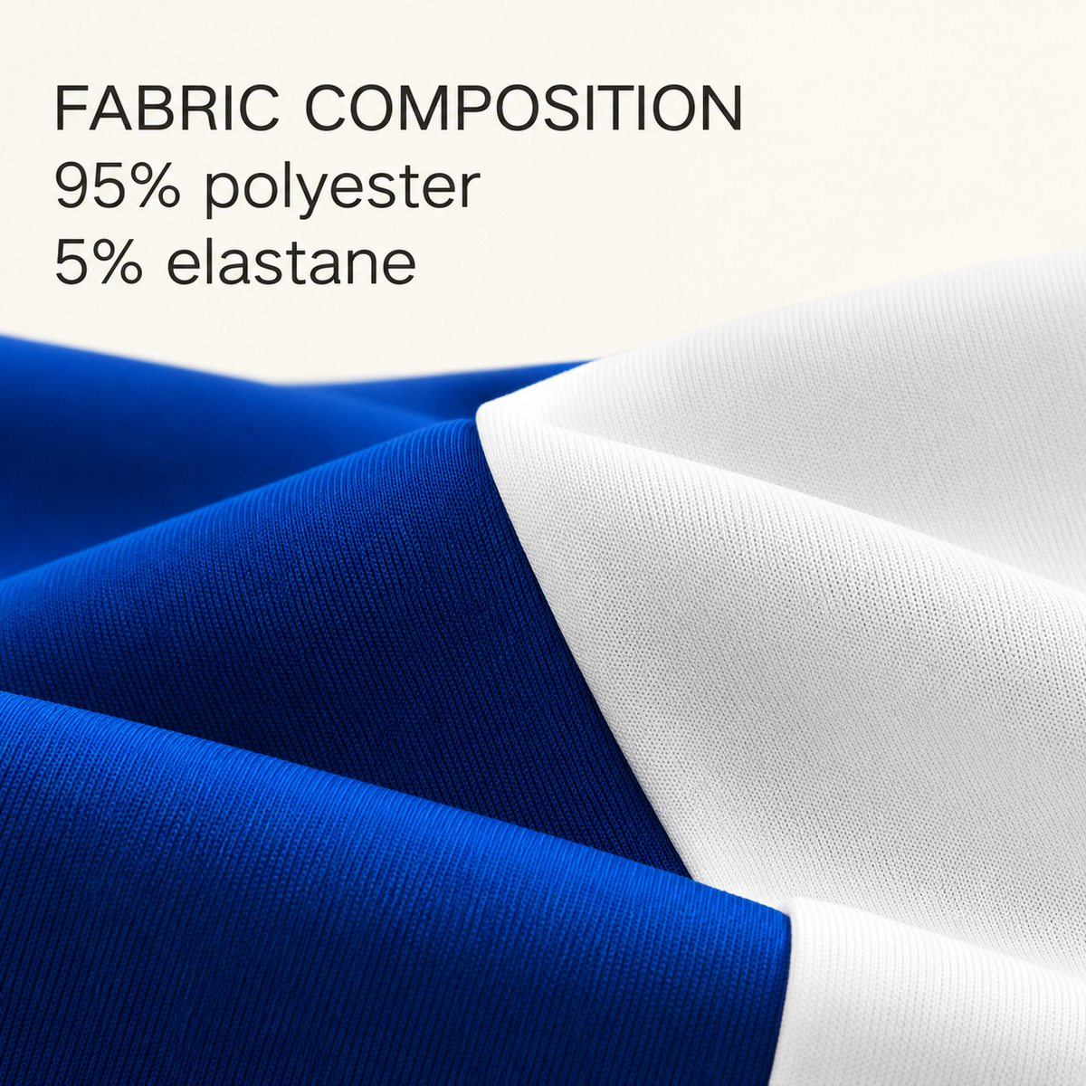 Blue and white knit fabric with verified composition: 95% polyester and 5% elastane