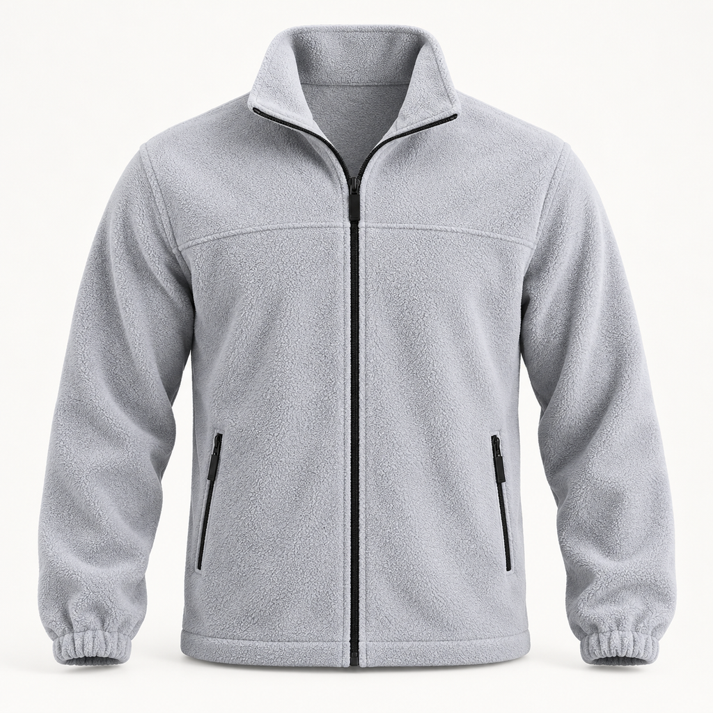 Light gray FX71 full-zip fleece jacket, front studio view showing stand collar, zip pockets, elastic cuffs and stitched hem
