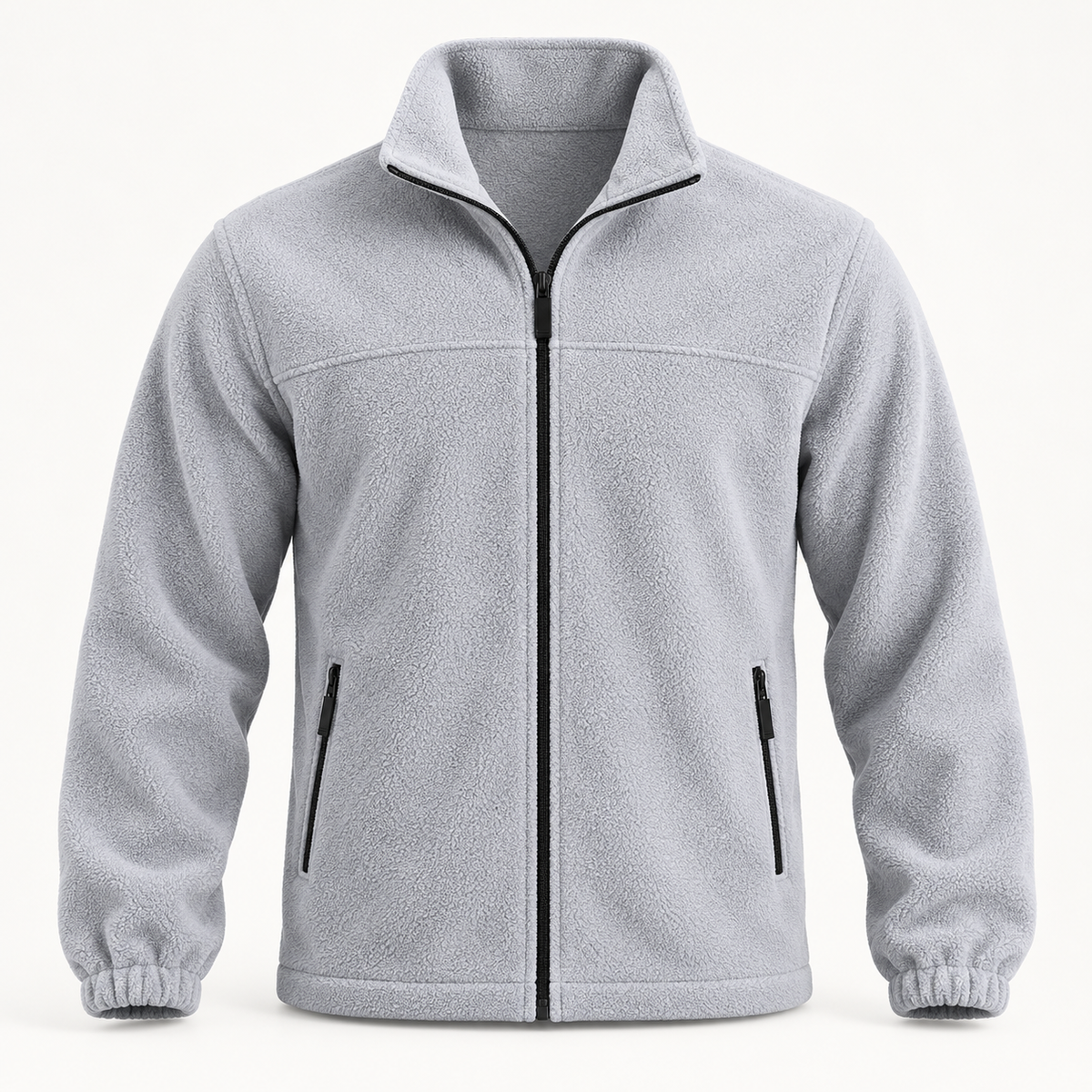 Light gray FX71 full-zip fleece jacket, front studio view showing stand collar, zip pockets, elastic cuffs and stitched hem