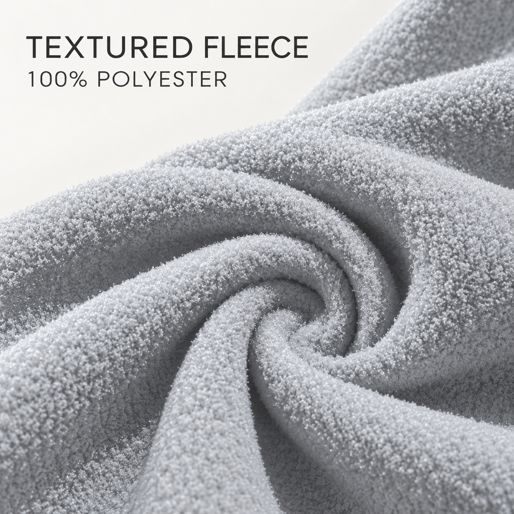 Close-up of light gray short textured fleece, 100% polyester