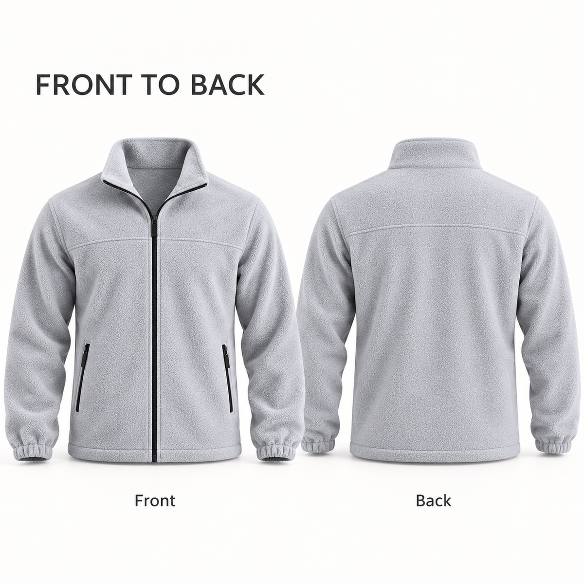 Front and back studio views of the light gray FX71 full-zip fleece jacket