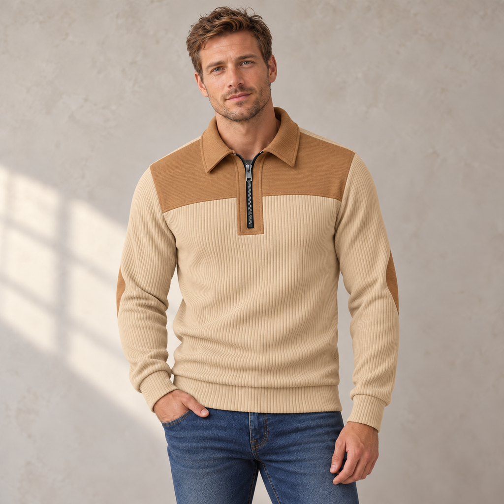AZUKI FX-YC73 beige and tan quarter-zip fine knit pullover on an adult male model, front view