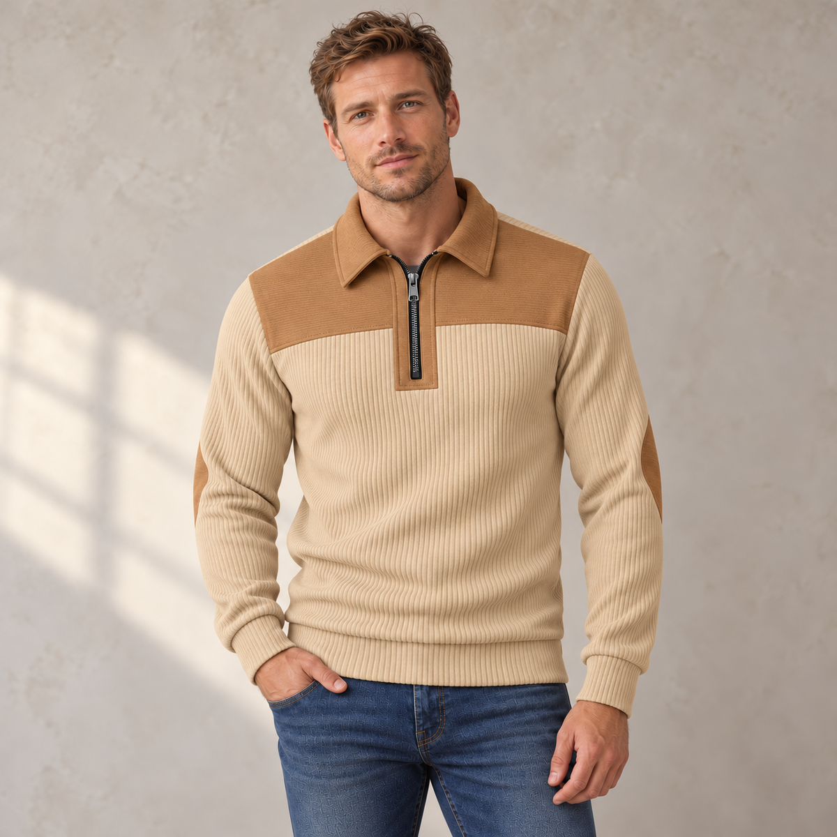 AZUKI FX-YC73 beige and tan quarter-zip fine knit pullover on an adult male model, front view