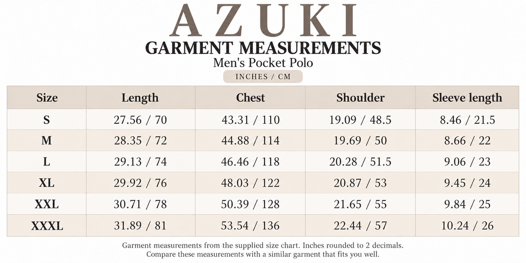 AZUKI garment measurements in inches and centimeters, sizes S to XXXL