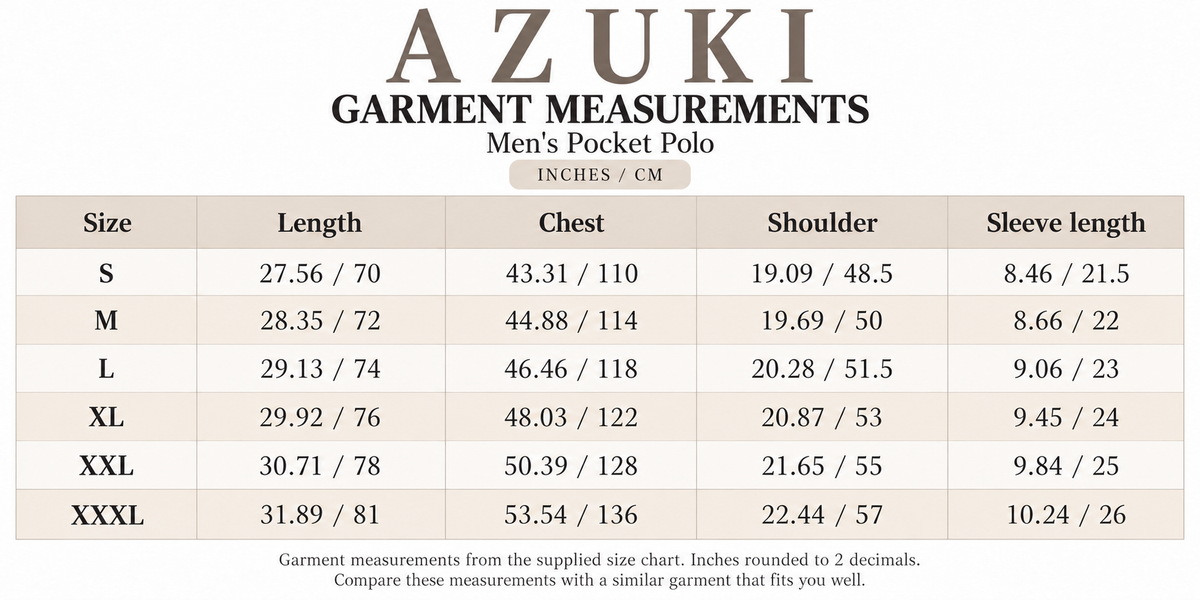 AZUKI garment measurements in inches and centimeters, sizes S to XXXL