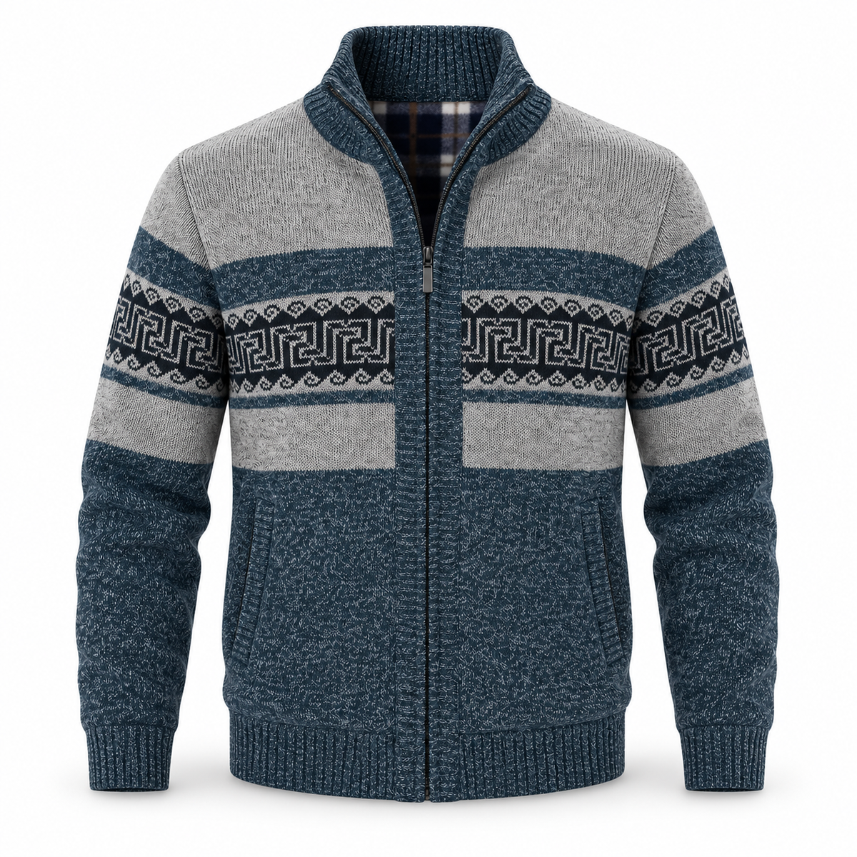 AZUKI FXY202 Blue Gray geometric cardigan front product view with ribbed collar and side pockets
