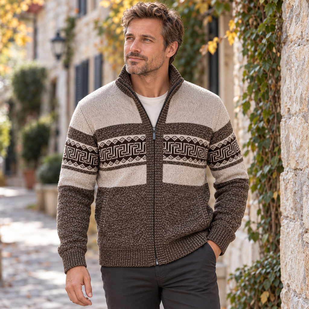 AZUKI FXY202 brown geometric cardigan worn by an adult male model on a quiet street
