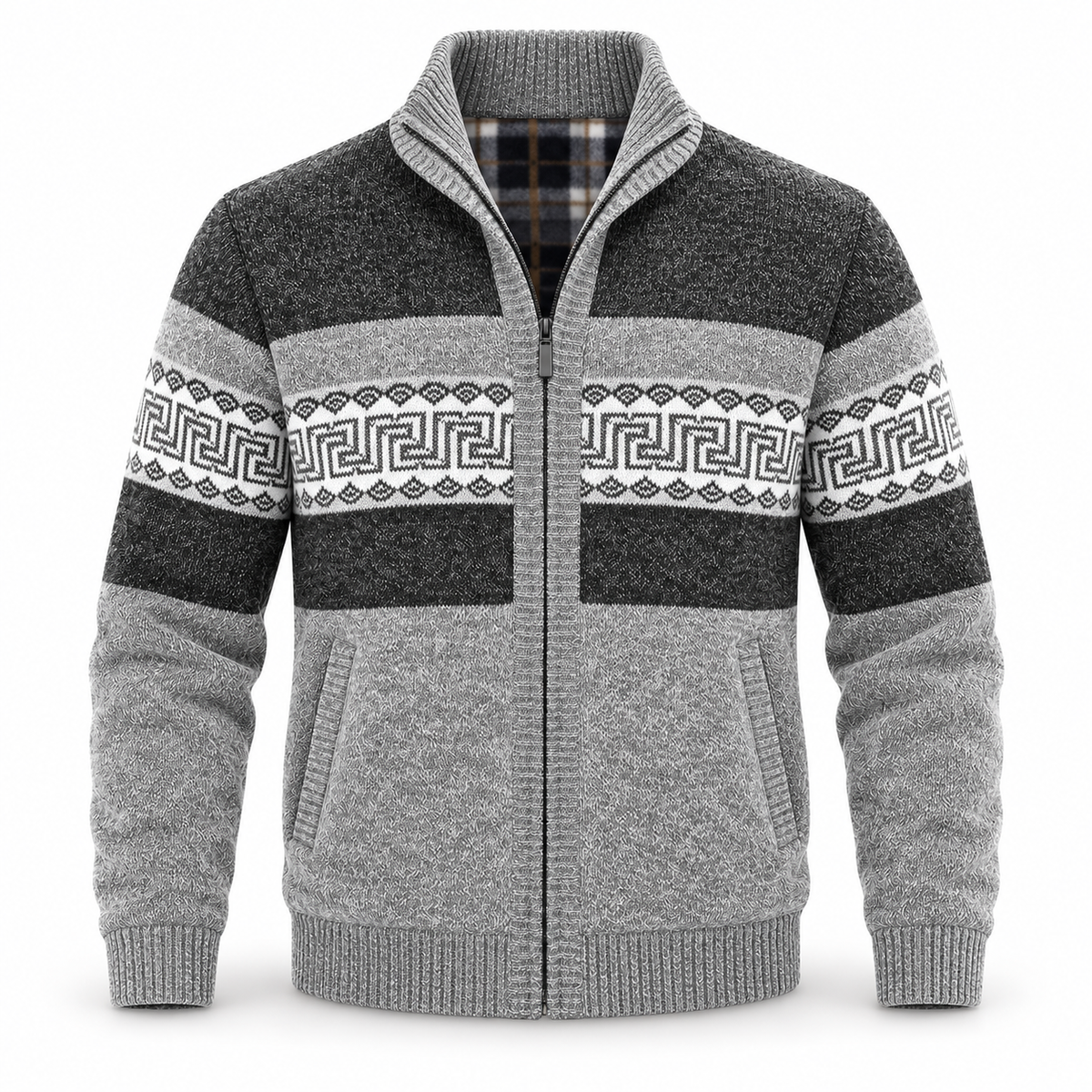 AZUKI FXY202 Light Gray geometric cardigan front product view with ribbed collar and side pockets
