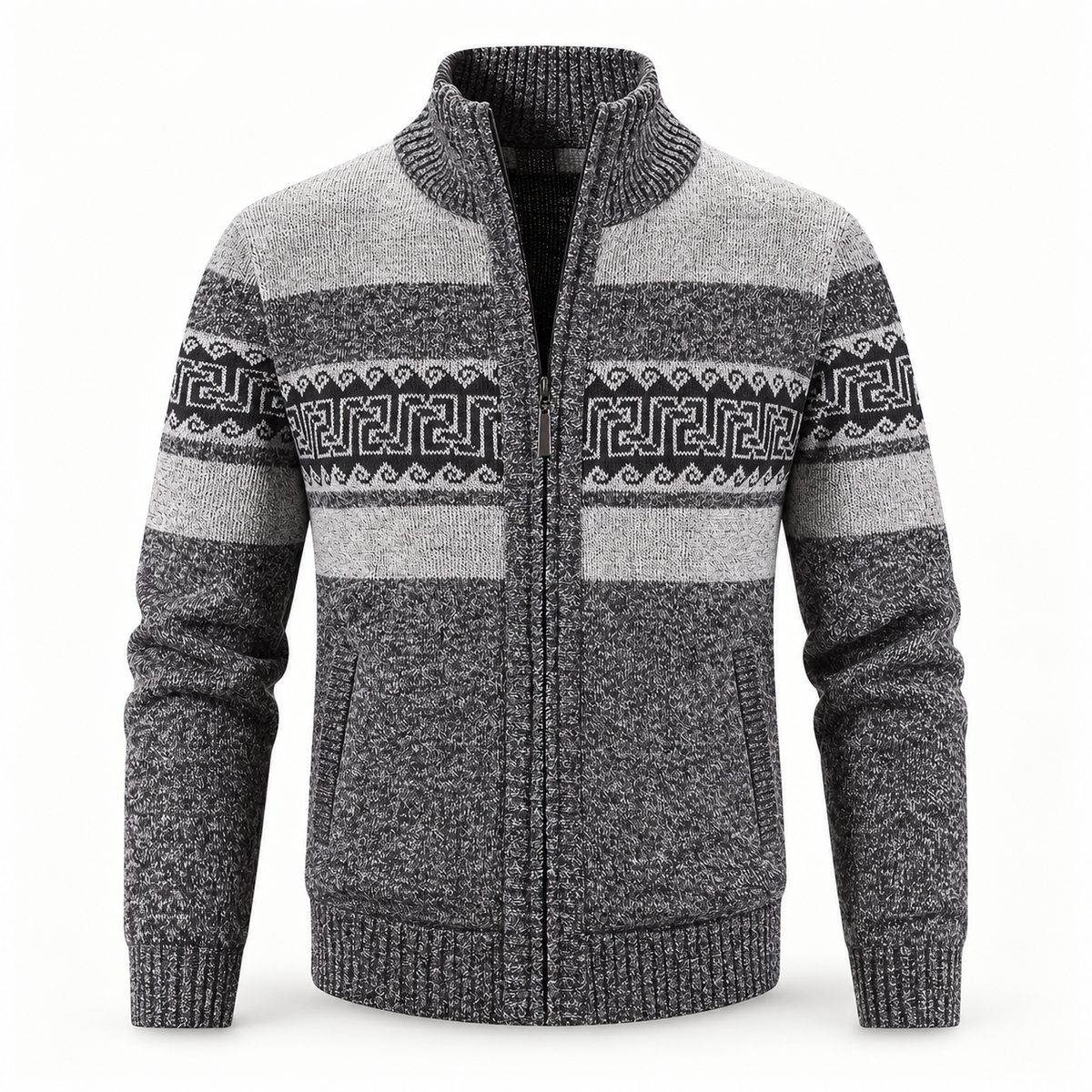 AZUKI FXY202 Dark Gray geometric zip-up cardigan, front studio view