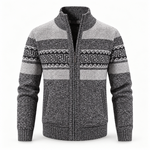 AZUKI FXY202 Dark Gray geometric zip-up cardigan, front studio view