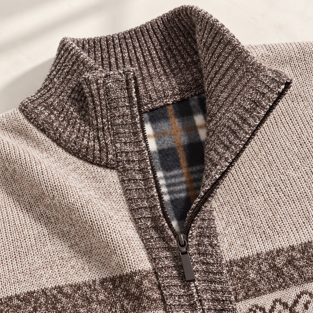 FXY202 Brown ribbed stand collar, narrow dark zipper and plaid fleece lining detail