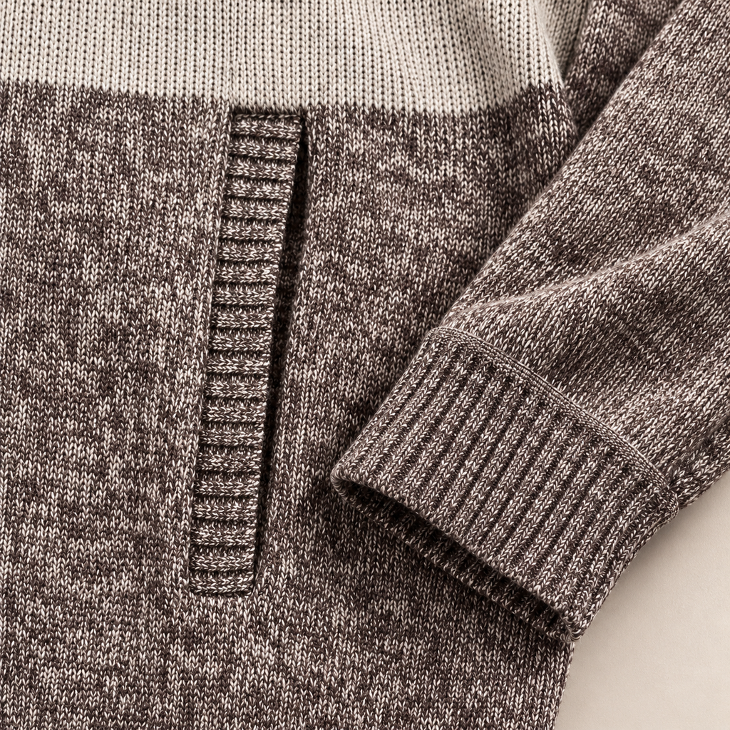 FXY202 Brown heathered knit with a narrow ribbed welt side pocket and ribbed sleeve cuff