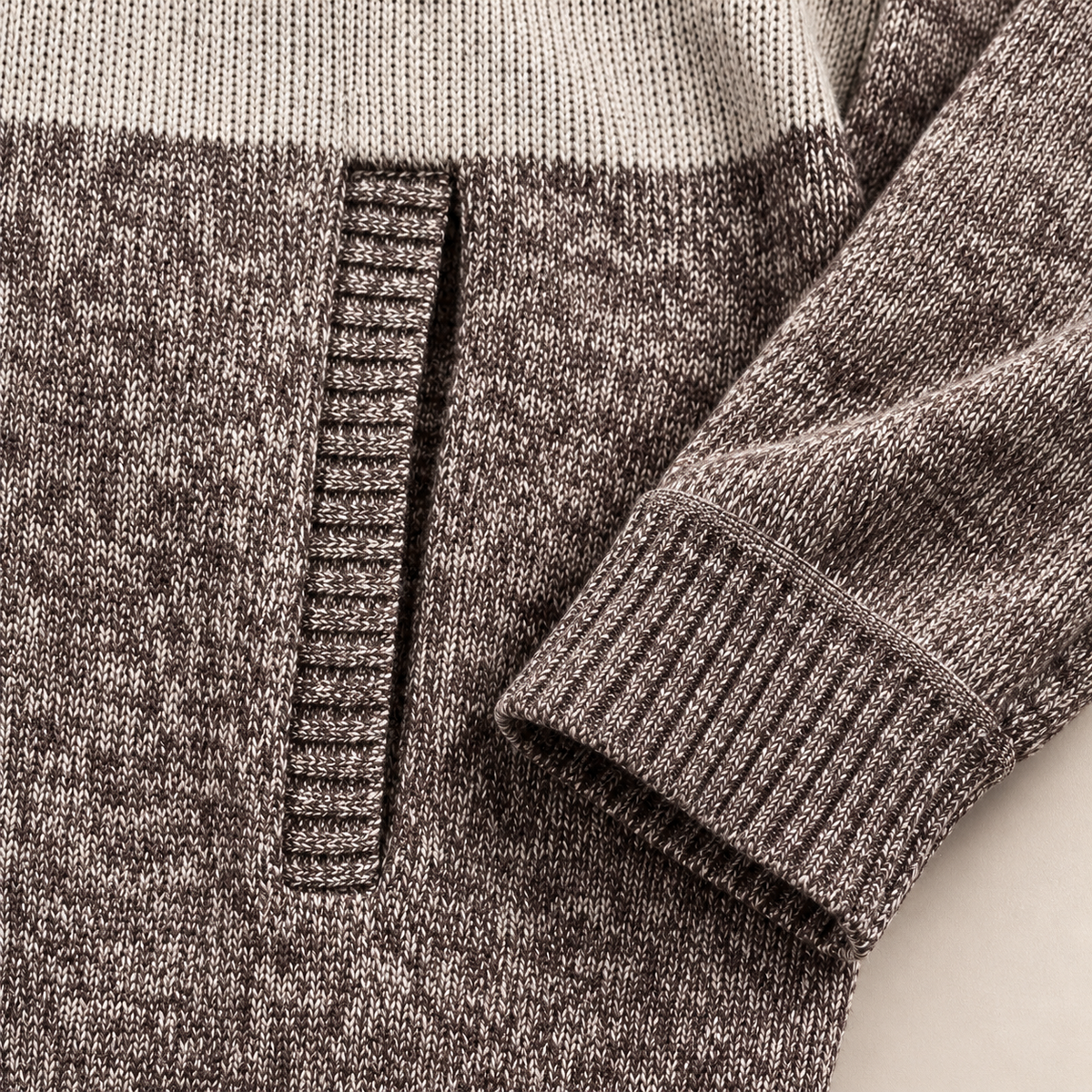 FXY202 Brown heathered knit with a narrow ribbed welt side pocket and ribbed sleeve cuff