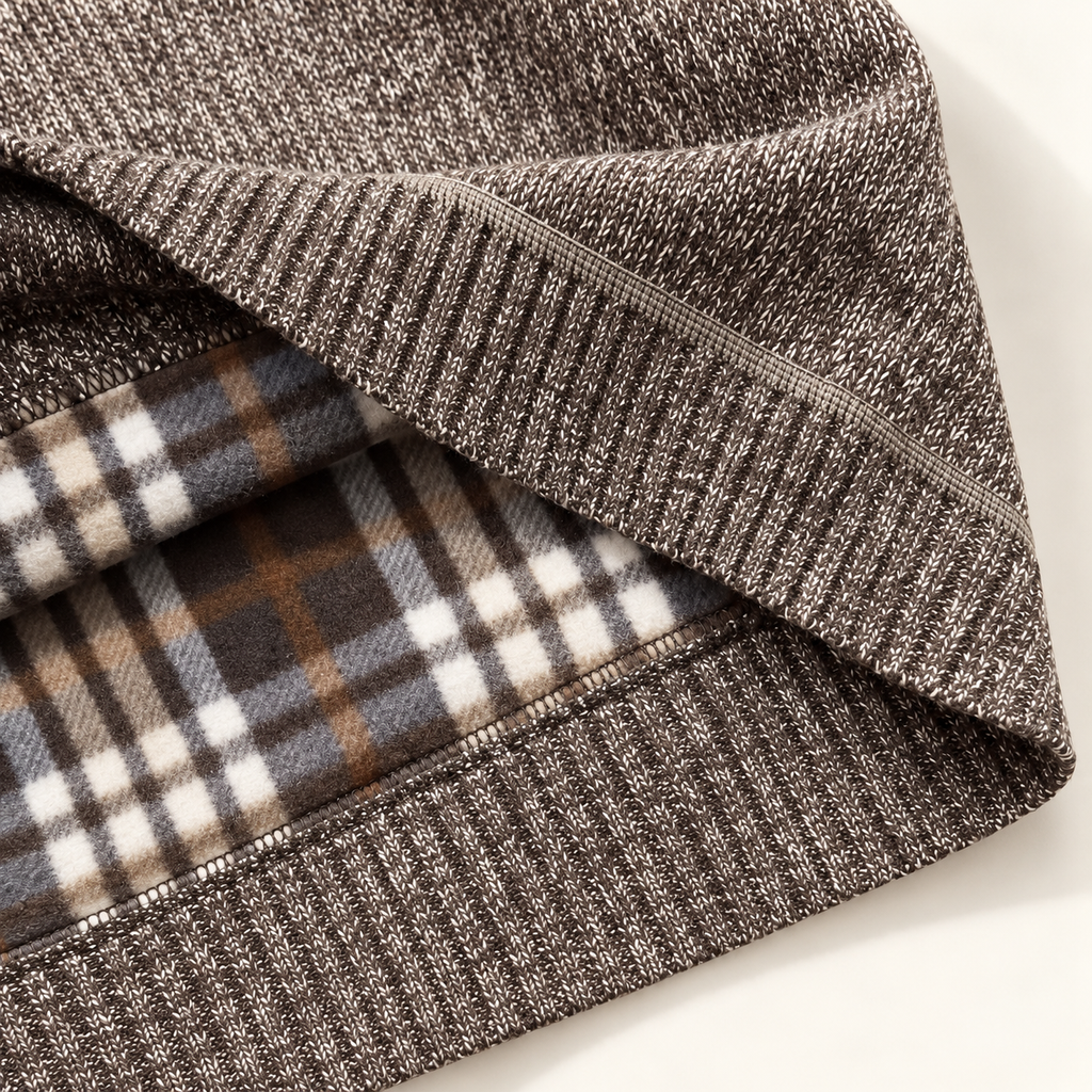 FXY202 Brown ribbed hem turned back to reveal the patterned plaid fleece interior