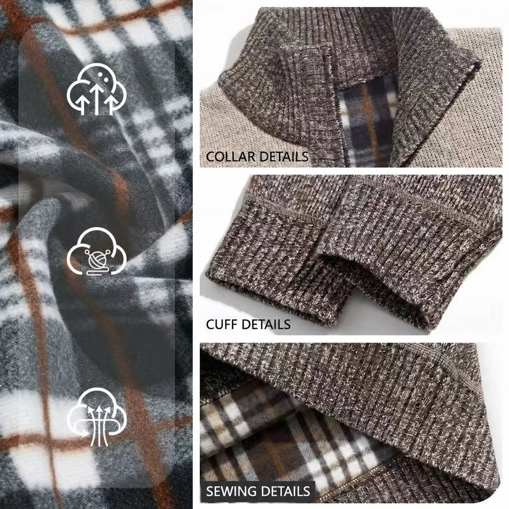 Actual Brown cardigan collar, cuff, hem and plaid fleece lining details