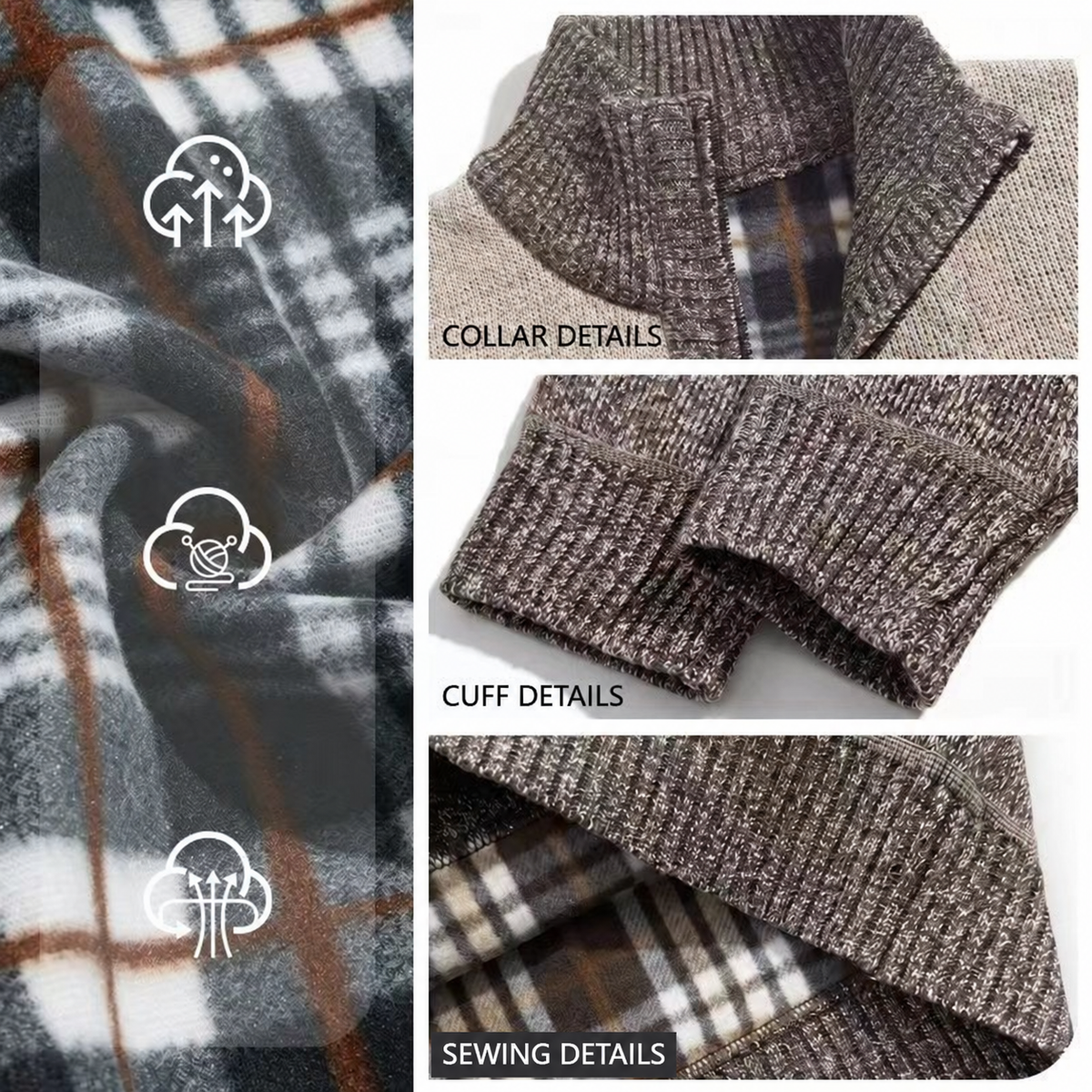 Actual Brown cardigan collar, cuff, hem and plaid fleece lining details