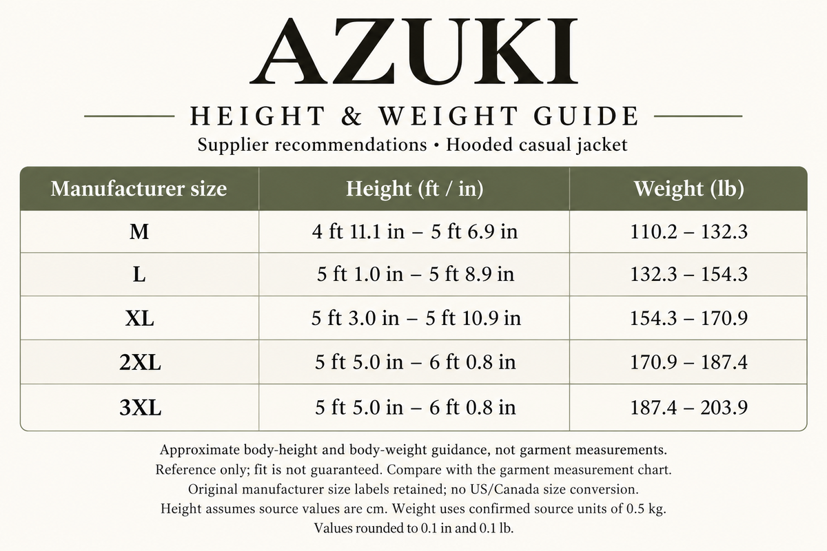 AZUKI supplier height and weight guide for the hooded casual jacket, manufacturer sizes M to 3XL, approximate feet/inches and pounds; reference only.