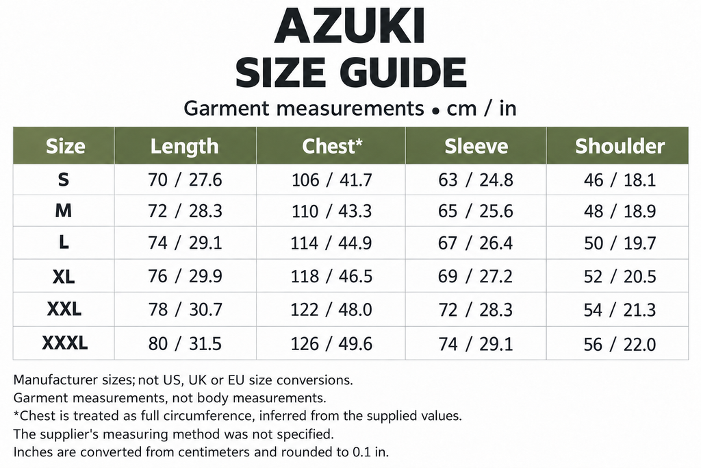 AZUKI manufacturer garment measurements in centimeters and inches for S to XXXL; chest interpreted as full circumference from supplied values