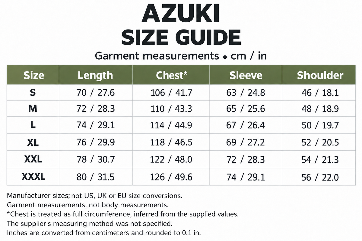 AZUKI manufacturer garment measurements in centimeters and inches for S to XXXL; chest interpreted as full circumference from supplied values