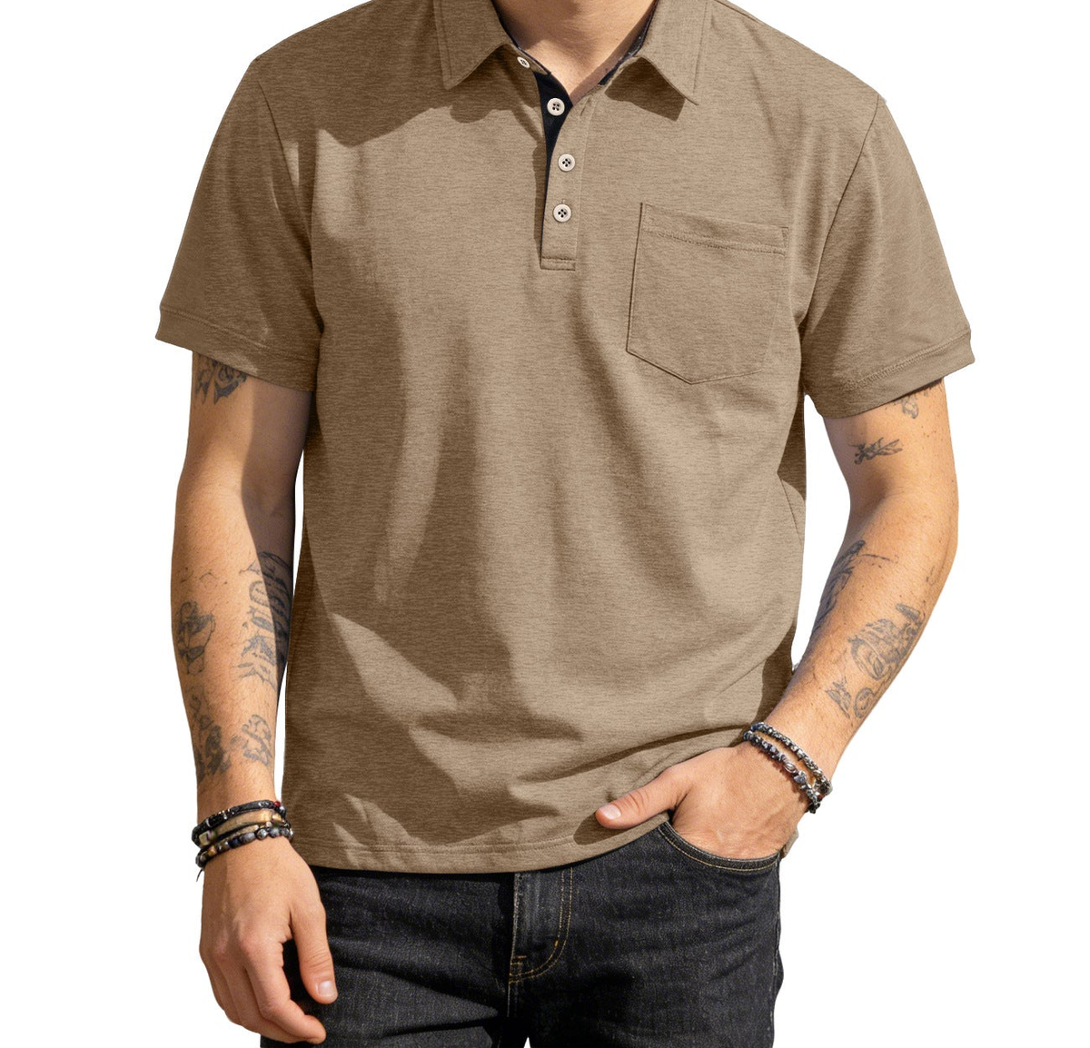AZUKI heather camel four-button pocket polo, original-photo neck-down crop showing fabric, chest pocket and fit
