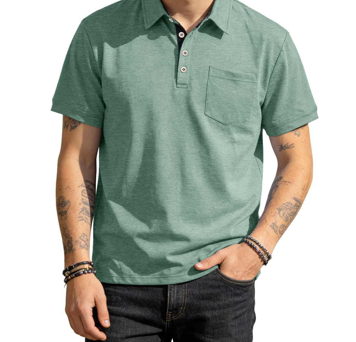 AZUKI heather green four-button pocket polo, original-photo neck-down crop showing fabric, chest pocket and fit
